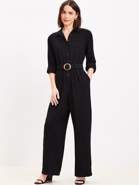 LOFT Black Button-Front Belted Jumpsuit
